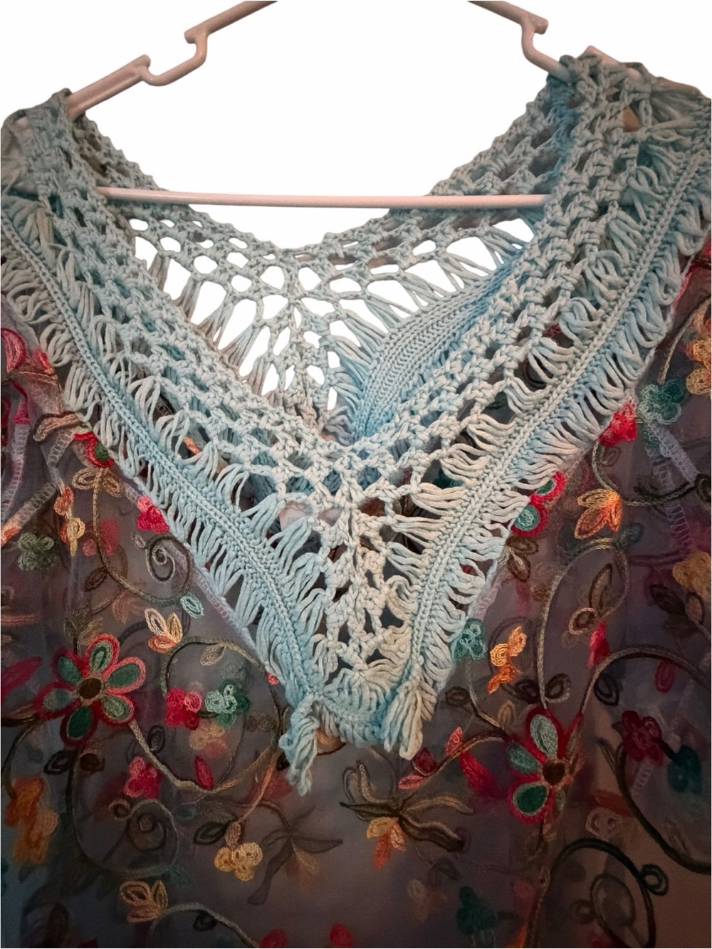 Casa Amayal Sheer Embroidered Crochet Fringe Boho Beach Cover Up OS - Picture 8 of 9
